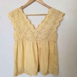 Lucky Brand Top Eyelet  Size XS Butter Yellow Cotton Embroidery Babydoll Cottage